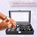 Premium 6-Slot Watch & 3-Slot Eyewear Display Case – Elegant Leatherette Organizer with Clear Glass Top Premium Quality Single Deals™