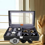 Premium 6-Slot Watch & 3-Slot Eyewear Display Case – Elegant Leatherette Organizer with Clear Glass Top Premium Quality Single Deals™