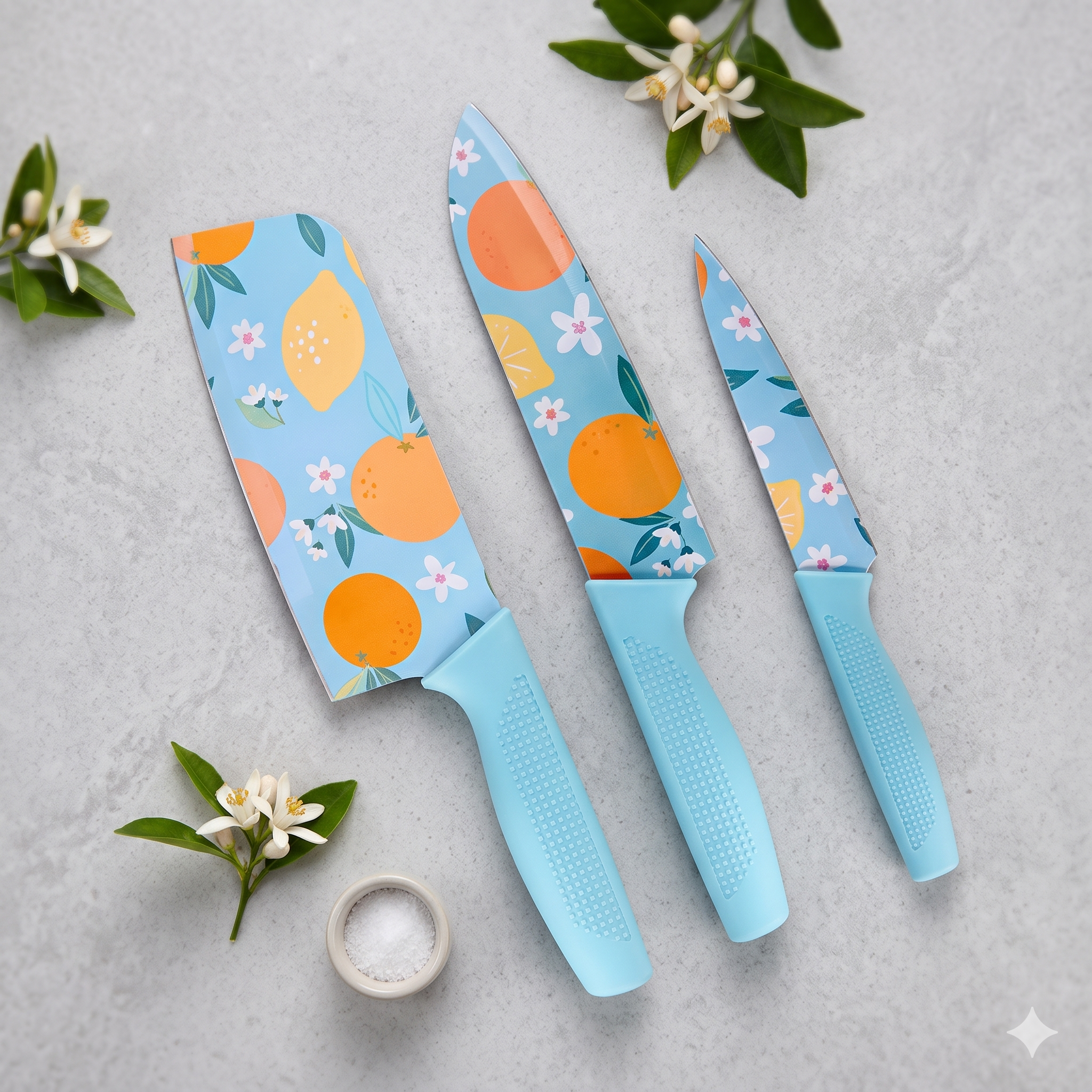 ™ Single Deals Citrus Bloom 3-Piece Culinary Knife Ensemble: Precision Artistry for Every Cut – Premium Quality