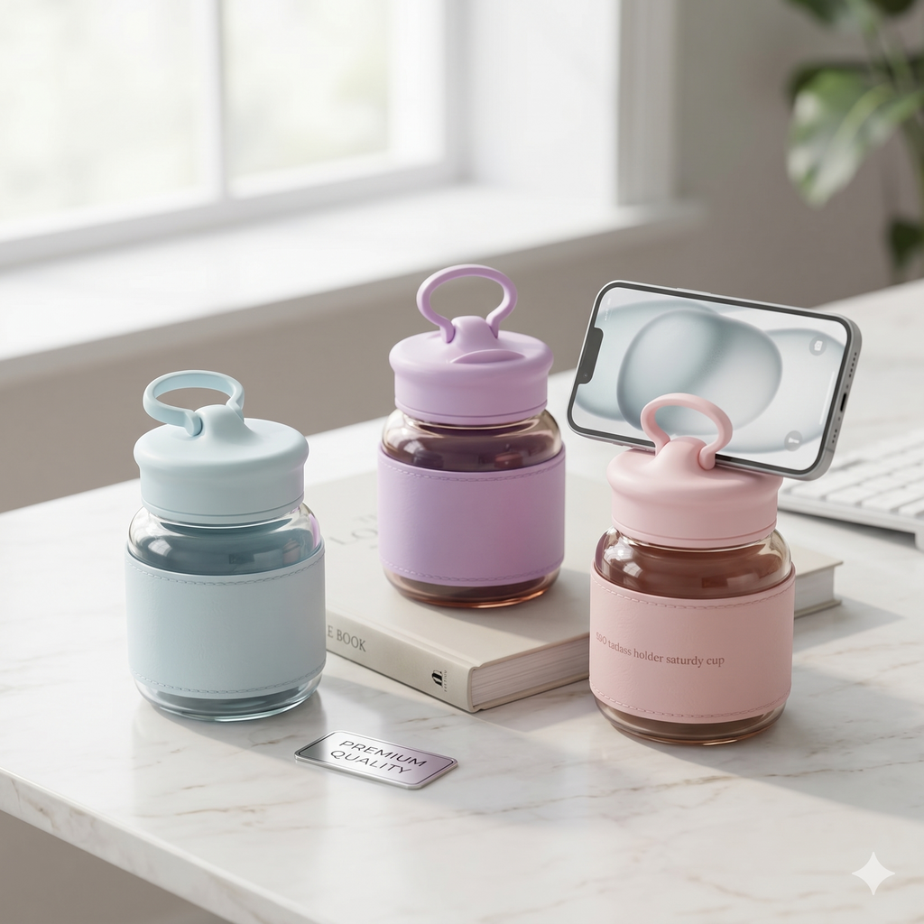 Versatile 300ml Glass Cup with Integrated Phone Holder – Premium Quality
