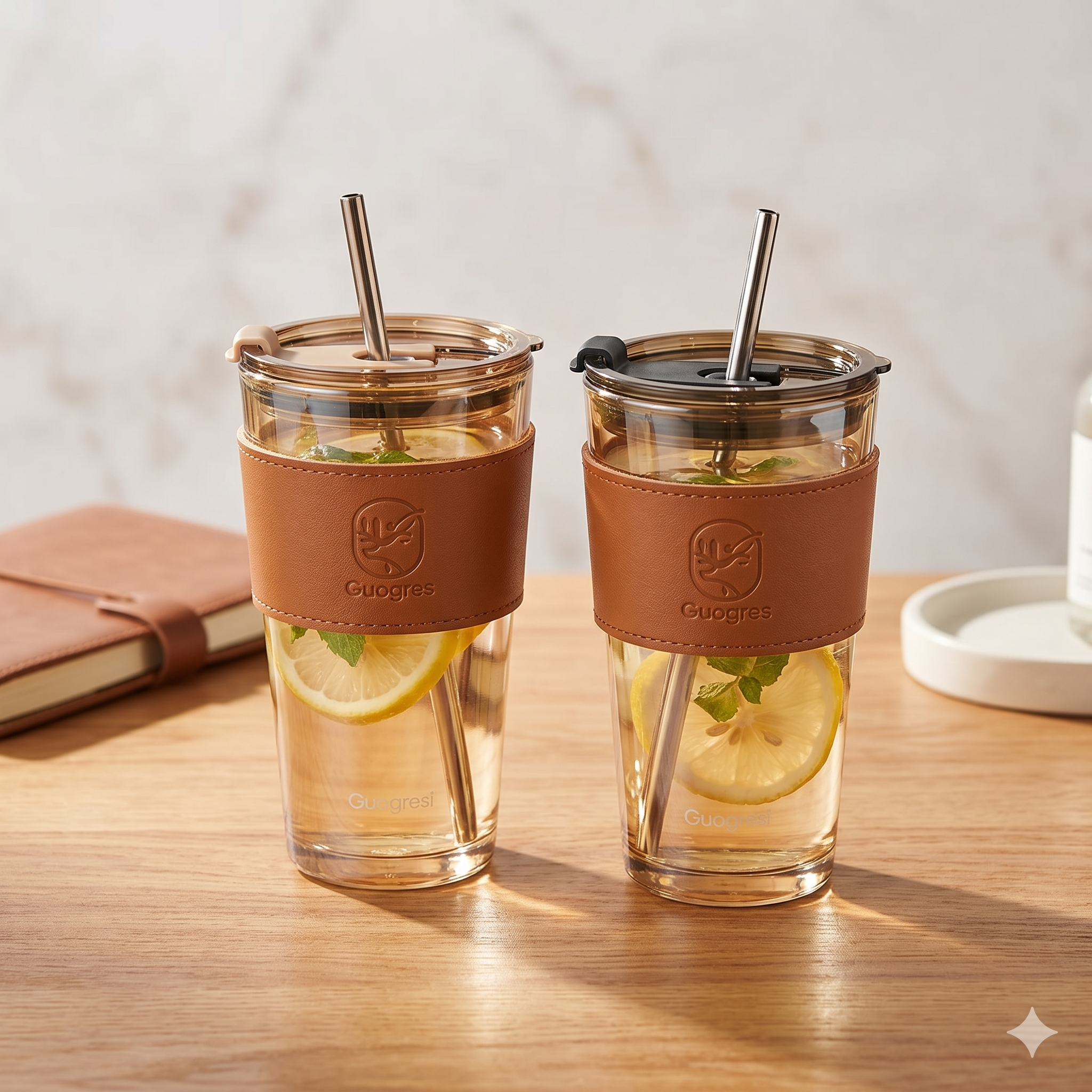 Single Deals™ Premium Quality 450ml Aesthetic Glass Tumbler with Protective Leather Sleeve
